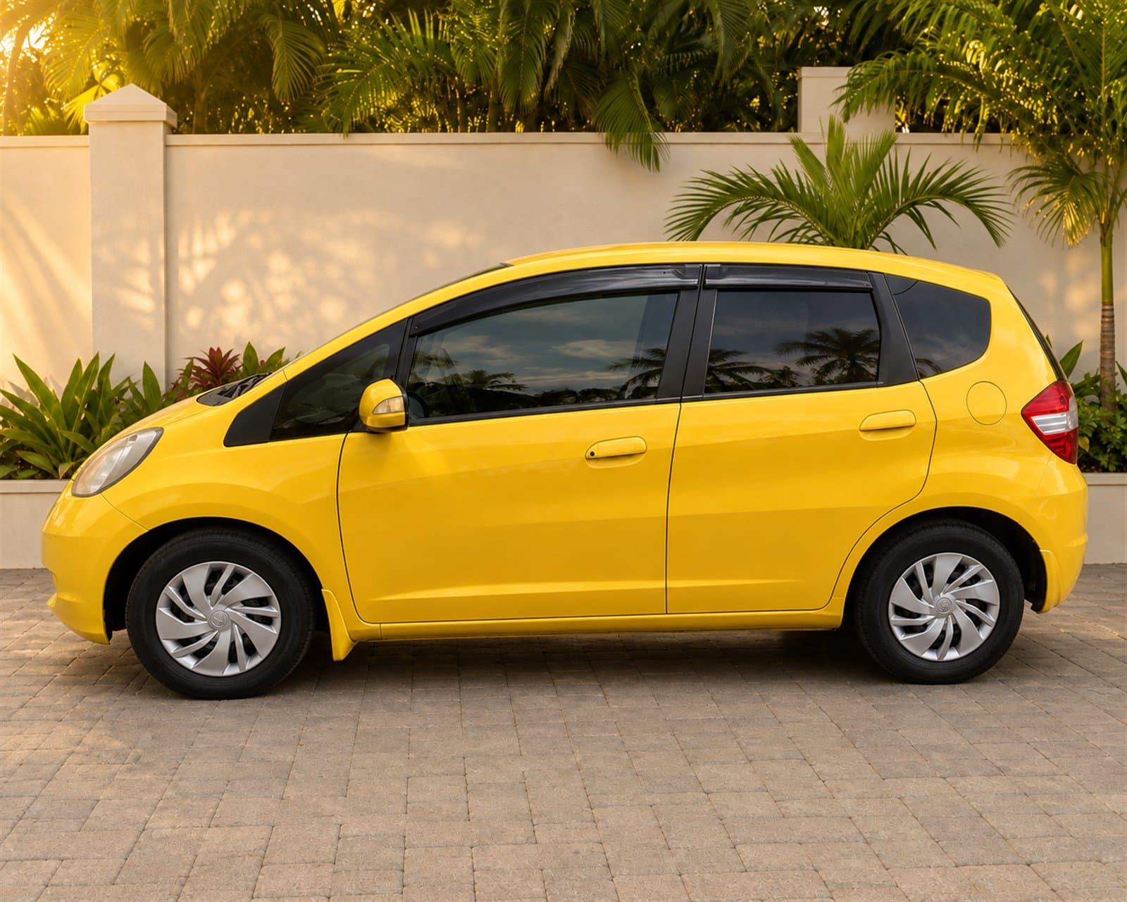 Side profile of the yellow Honda Fit
