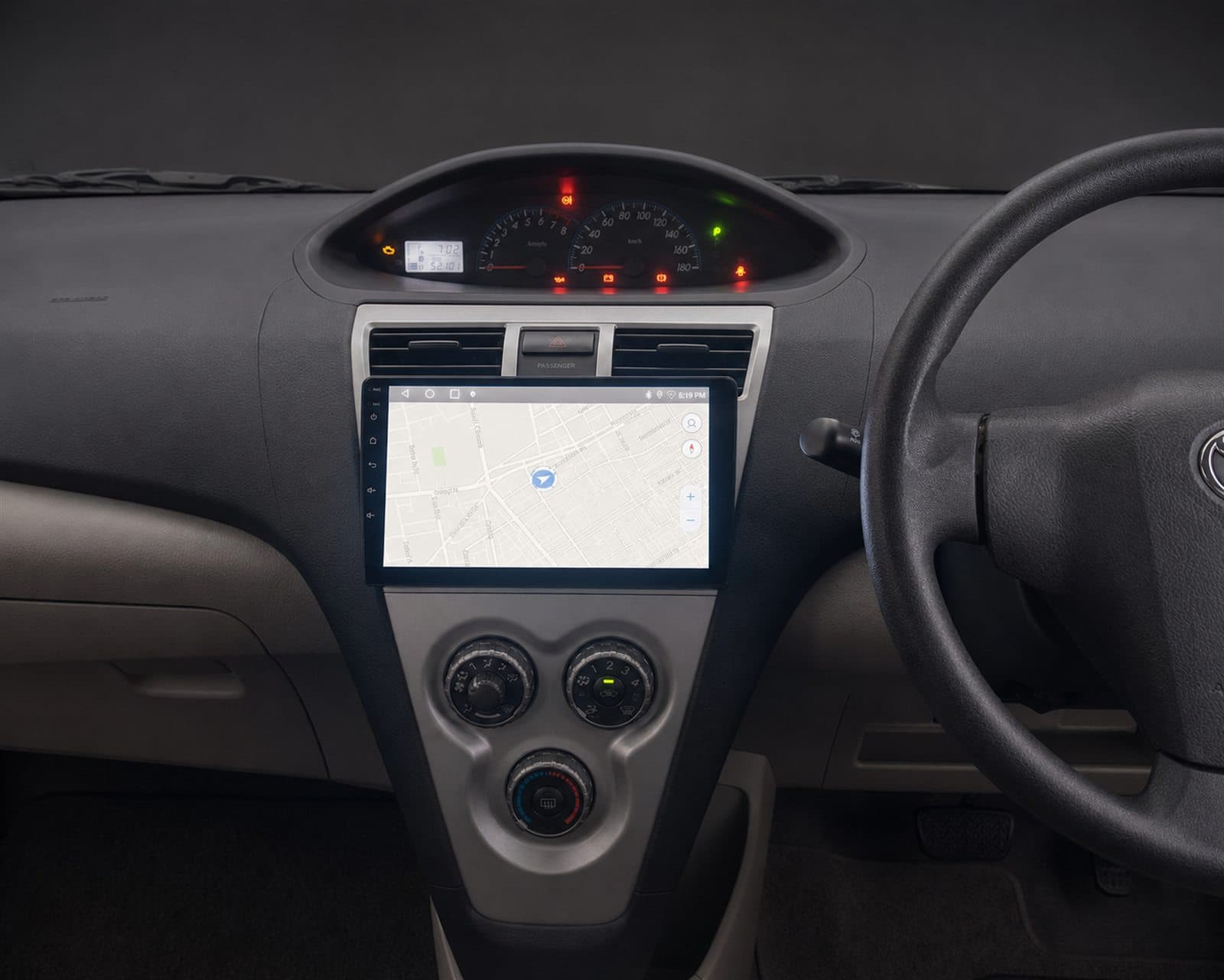 Right-hand-drive dashboard and touchscreen in the Toyota Belta