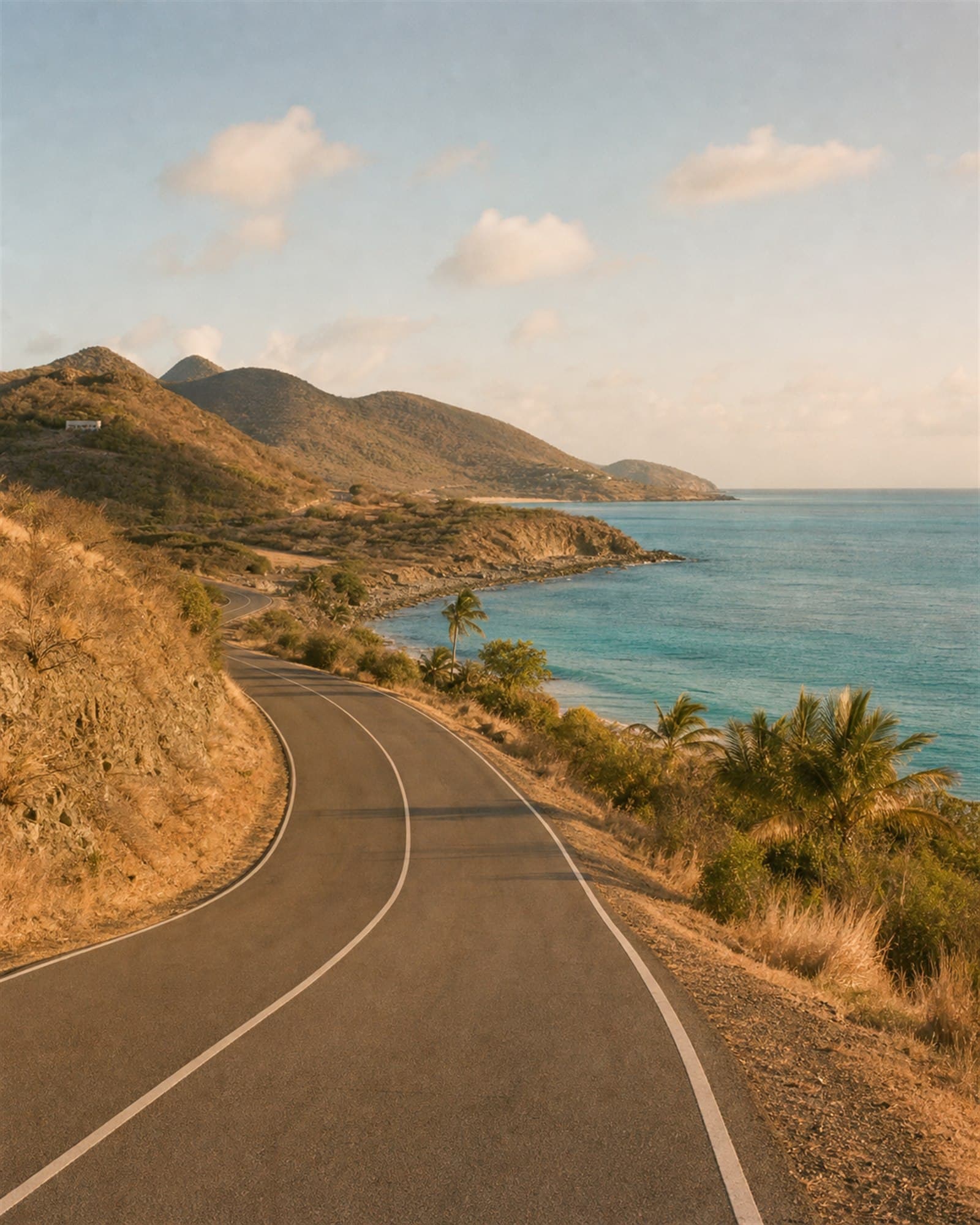 A car on a coastal road in Antigua with the sea beyond